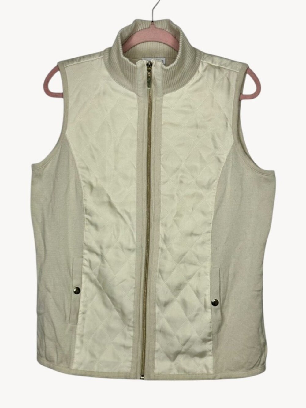 SUSAN GRAVER Ivory Quilted Zip Front Knit Vest w/ Gold Hardware Sz:M
